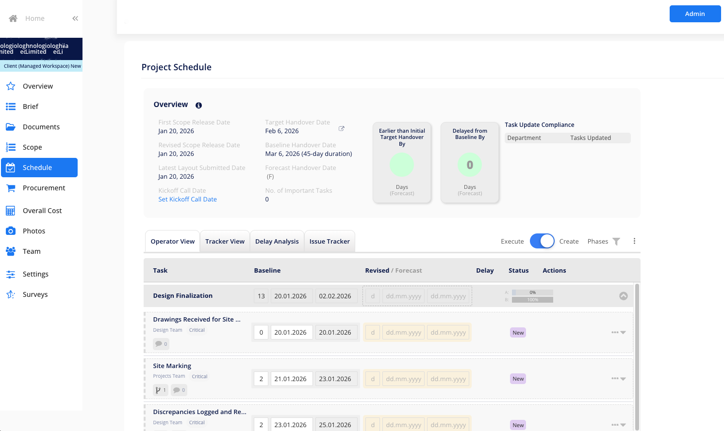 Office design and build project management app interface